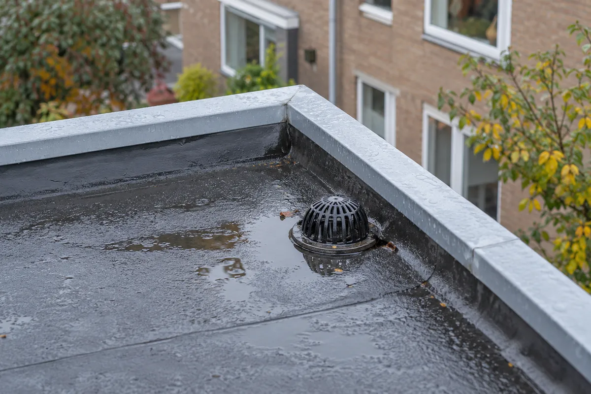 Afvoer en metalen dakrand op een plat dak na regen.