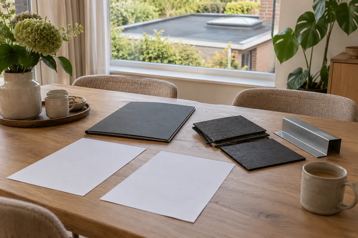 Dakmateriaalmonsters, lege voorstelbladen en een neutraal dossier op tafel.