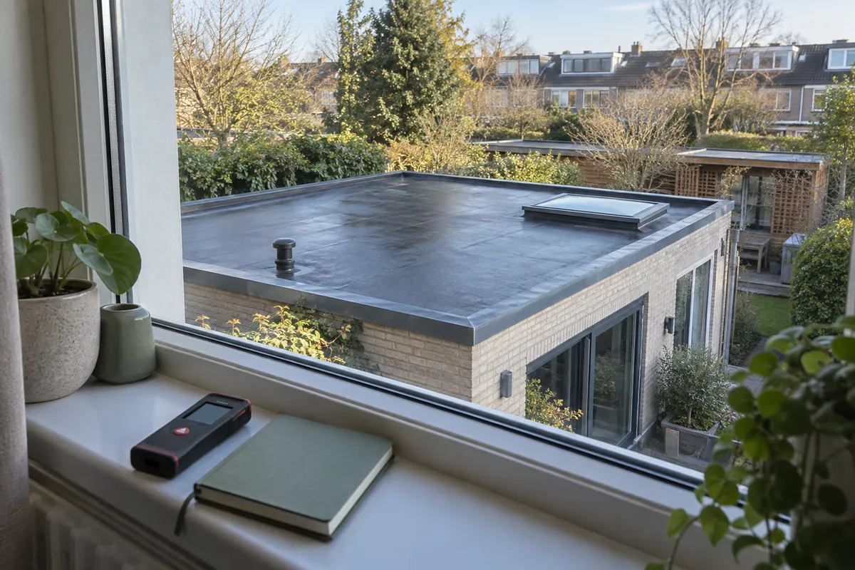 Een rechthoekig uitbouwdak vanuit een veilig raam, met meetgereedschap op de vensterbank.