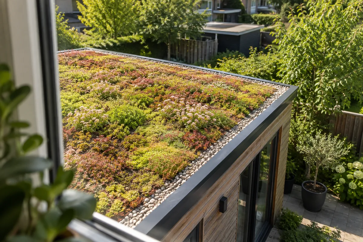 Groene sedumbeplanting op een laag uitbouwdak.